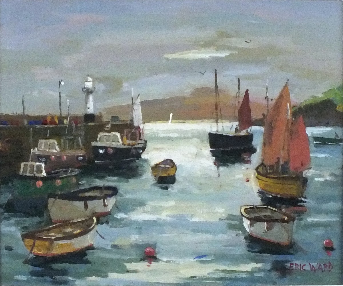 Eric WARD (b.1945), Oil on board, 'Into the Sun at St Ives Harbour', Inscribed on label to verso,