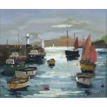 Eric WARD (b.1945), Oil on board, 'Into the Sun at St Ives Harbour', Inscribed on label to verso,