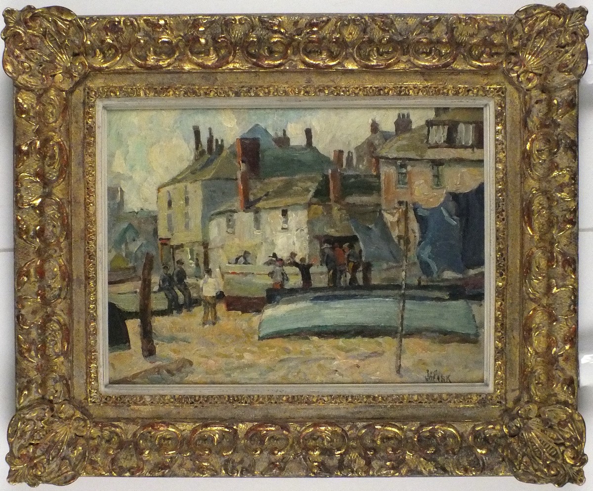 * John Anthony PARK (1878-1962), Oil on board, Beached boats & fishermen on the quayside St Ives,