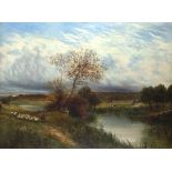 Carl BRENNIR (1850-1920), Oil on canvas, Landscape near Ingelby Derbyshire - shepherd & sheep on the