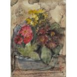* Lydia CORBETT (b.1934), Watercolour & ink, Primulas & pets, Signed, 13.5" x 9.75" (34.3cm x 24.