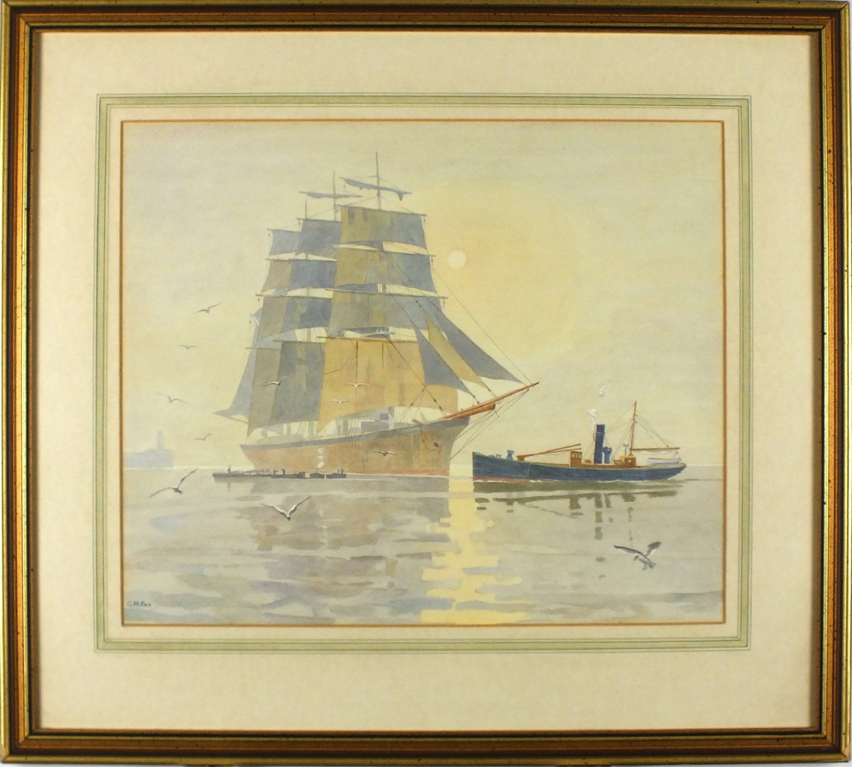 George H* FOX, Watercolour, A four masted square rigged ship at anchor approached by a tug, - Image 2 of 2