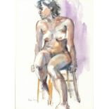 Kay YOUNG, Watercolour & charcoal, Figure study of a female seated nude, Signed, 13.25" x 19.5" (