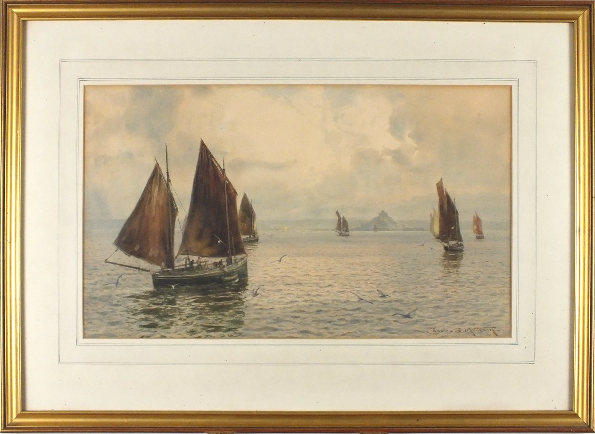 Charles Sim MOTTRAM (1852-1919), Watercolour, The fishing fleet before St Michael's Mount - Mounts - Image 2 of 2