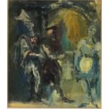 * Sam DODWELL (1909-1990), Oil on card, A theatrical scene - three figures, 8" x 7" (20.3cm x 17.