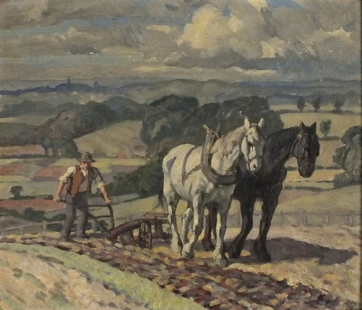 * Harold DEARDEN (1888-1962), Oil on canvas board, A team of two horses pulling a plough, Signed,