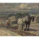 * Harold DEARDEN (1888-1962), Oil on canvas board, A team of two horses pulling a plough, Signed,