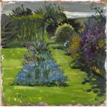 Pat ALGAR (1939-2013), Oil on card, 'Forget me nots' - garden by the sea Marazion, Signed, Unframed,