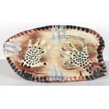 Shelagh SPEAR, A terracotta slab dish, Slip decorated in the style of cave paintings, Signed & dated