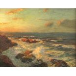 Julius OLSSON (1864-1942), Oil on board, Evening light and gentle swell on a rocky foreshore,