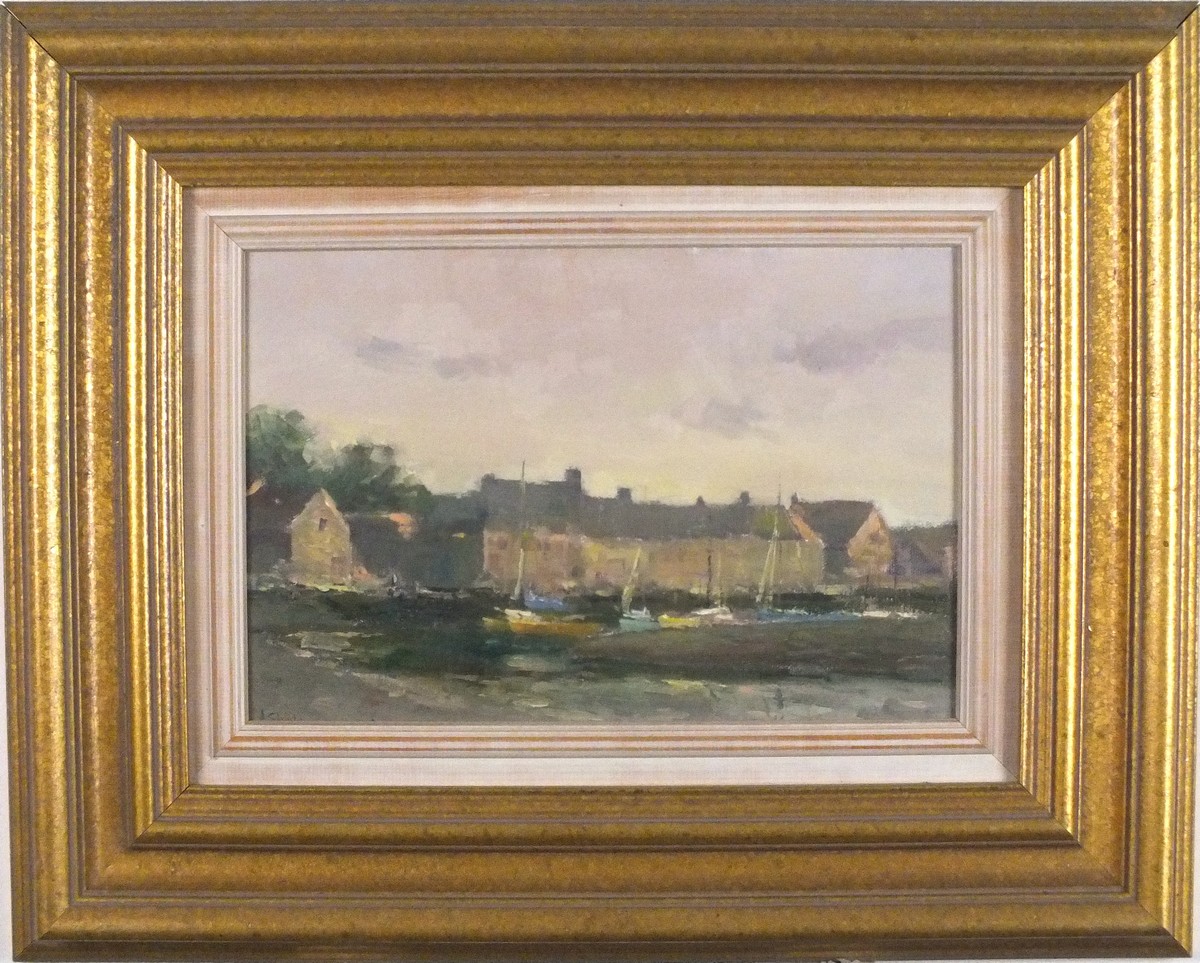 * John SHAVE, Oil on canvas board, Blakney Norfolk - Boats on the hard, Signed, 7.75" x 11.5" (19. - Image 2 of 2