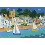 Richard LODEY (b.1950), Acrylic/gouache on card, 'Fowey' - dinghies before the town, Signed with