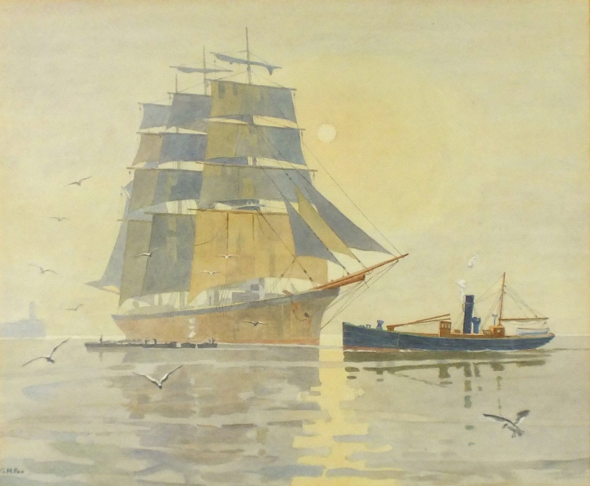 George H* FOX, Watercolour, A four masted square rigged ship at anchor approached by a tug,