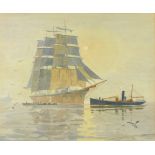 George H* FOX, Watercolour, A four masted square rigged ship at anchor approached by a tug,