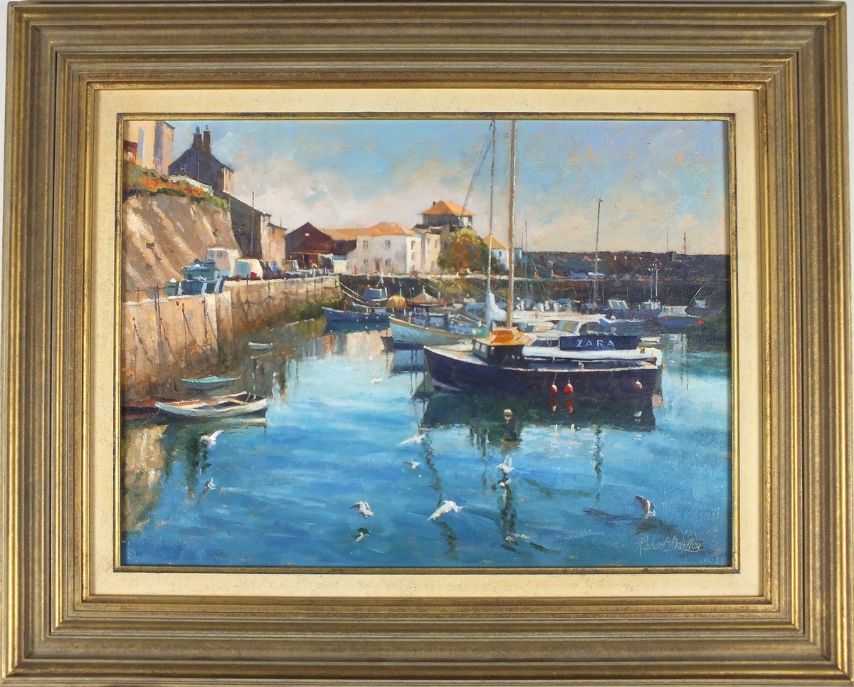 * Robert BRINDLEY R.S.M.A (b.1949), Oil on canvas board, Mevagissey Harbour, Inscribed & dated - Image 2 of 2