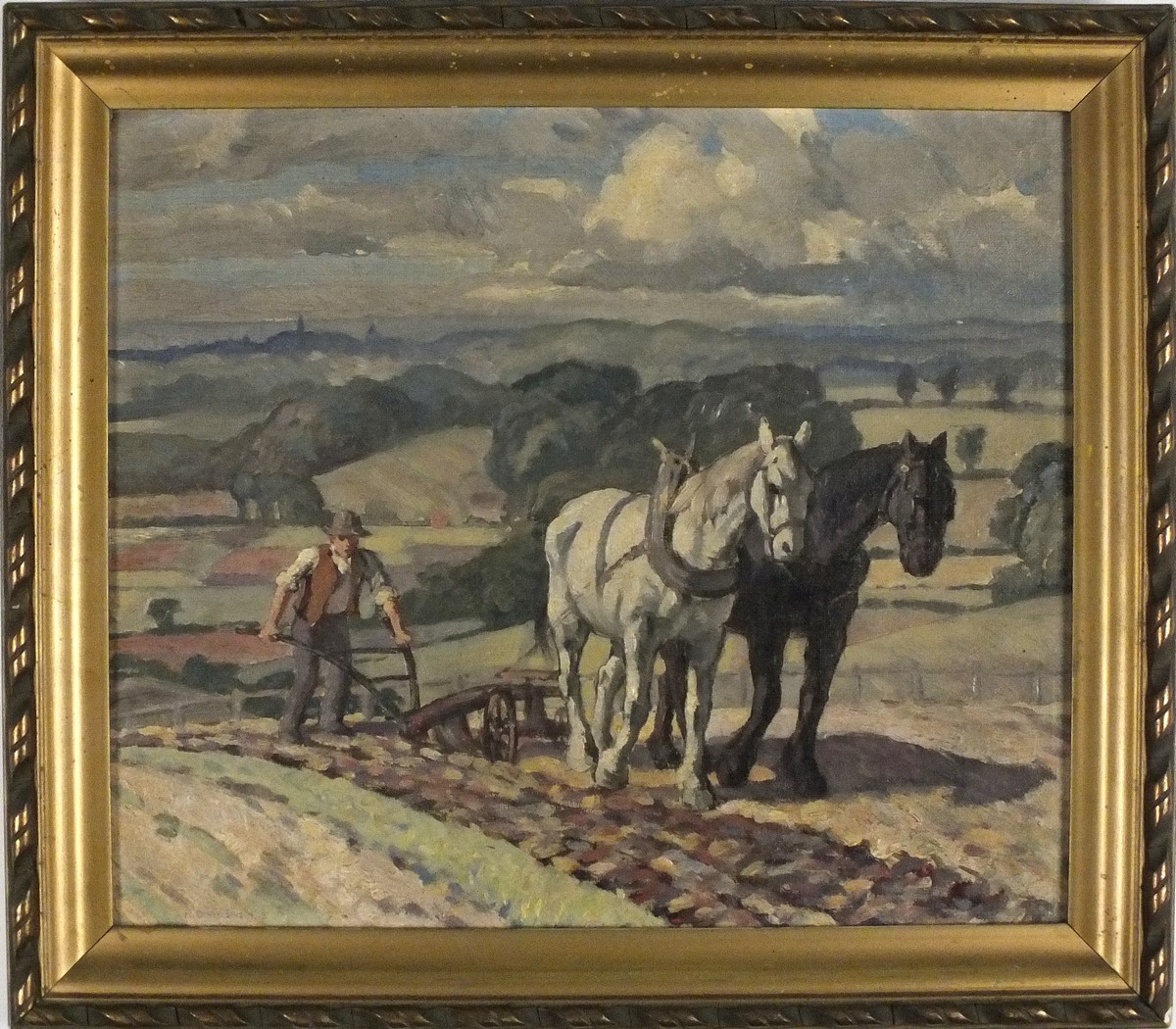 * Harold DEARDEN (1888-1962), Oil on canvas board, A team of two horses pulling a plough, Signed, - Image 2 of 2