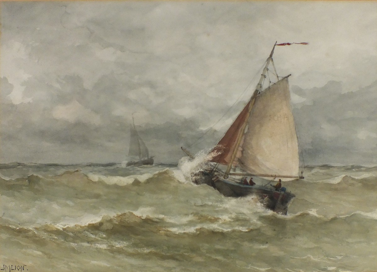 Johannes Matthys LION (1856-1899), Watercolour, Scheveningen fishing boat under full sail, Signed,