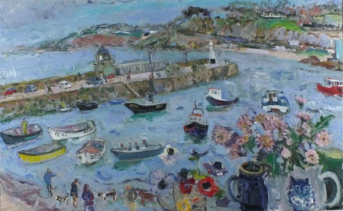 * Linda WEIR (b.1949), Oil on linen canvas, 'Spring Light St Ives Harbour from Studio', Inscribed,