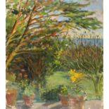 Pat ALGAR (1939-2013), Oil on board, 'Evening Light' - garden at Chymorvah, Inscribed & signed to
