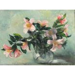 Lily BARNARD (1902-1980), Oil on canvas, 'Pink Camelias' in a glass vase, Inscribed on stretcher,