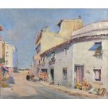 * Francis Russell FLINT (1915-1977), Oil on canvas, Spanish village street scene with donkey &