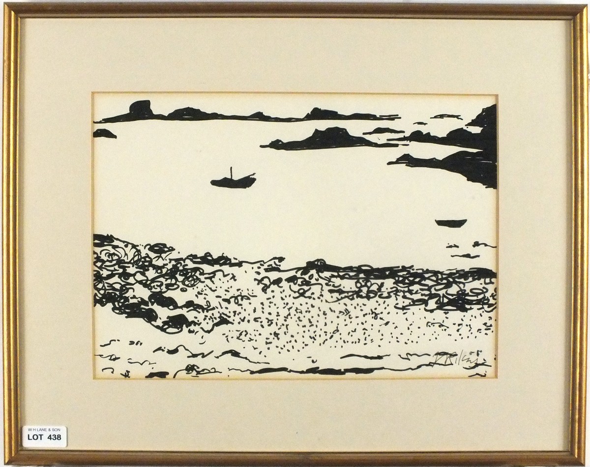 Joan RILEY (1920-2015), Black ink drawing, 'On Bryher' Isles of Scilly, Inscribed to verso, - Image 2 of 2