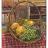 Pat ALGAR (1939-2013), Oil on board, 'Basket of Fruit' on a check table cloth, Inscribed to verso,