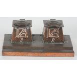 A. J. & F. Pool (Hayle), Copper Ink Stand with hinged lidded ink wells & rectangular base in the Art