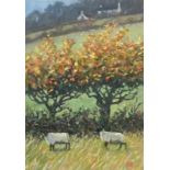 Robert JONES (b.1943), Oil on board, 'Autumn Trees & Sheep - Vale of Ewyas II', Inscribed,