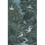 W* SUMA (Balinese School), Gouache on fabric laid on board, Cranes in an exotic tropical forest,