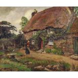 * Stanhope A. FORBES (1857-1947), Oil on canvas, The Cottage - woman gathering sticks before a