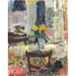 * Prue SAPP (1928-2013), Oil on board, Vase of tulips on the dining room table, Signed, Unframed,