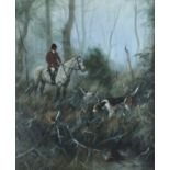 * John TRICKETT (b.1952), Oil on canvas, Lost Scent - huntsman & hounds in a copse, Signed, 23.25" x