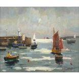 Eric WARD (b.1945), Oil on board, Into the light St Ives Harbour, Inscribed on label, Signed, 9.5" x