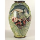 Adrian J. BROUGH (b.1962), An earthenware Vase decorated Koi Carp on a green swirl ground, Signed