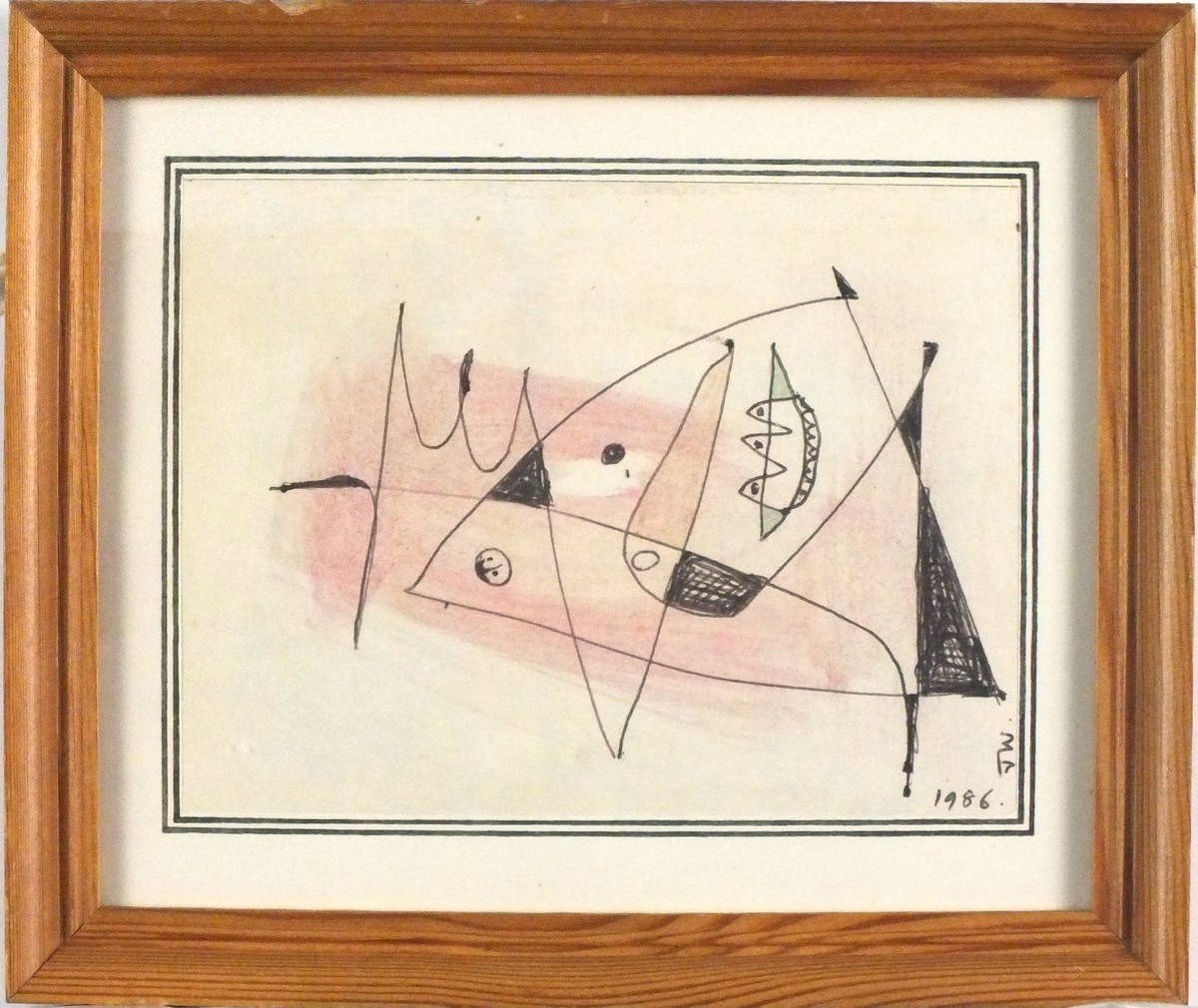 * John WELLS (1907-2000), Black ink & wash drawing, Untitled abstract, Signed with initials & - Image 2 of 2