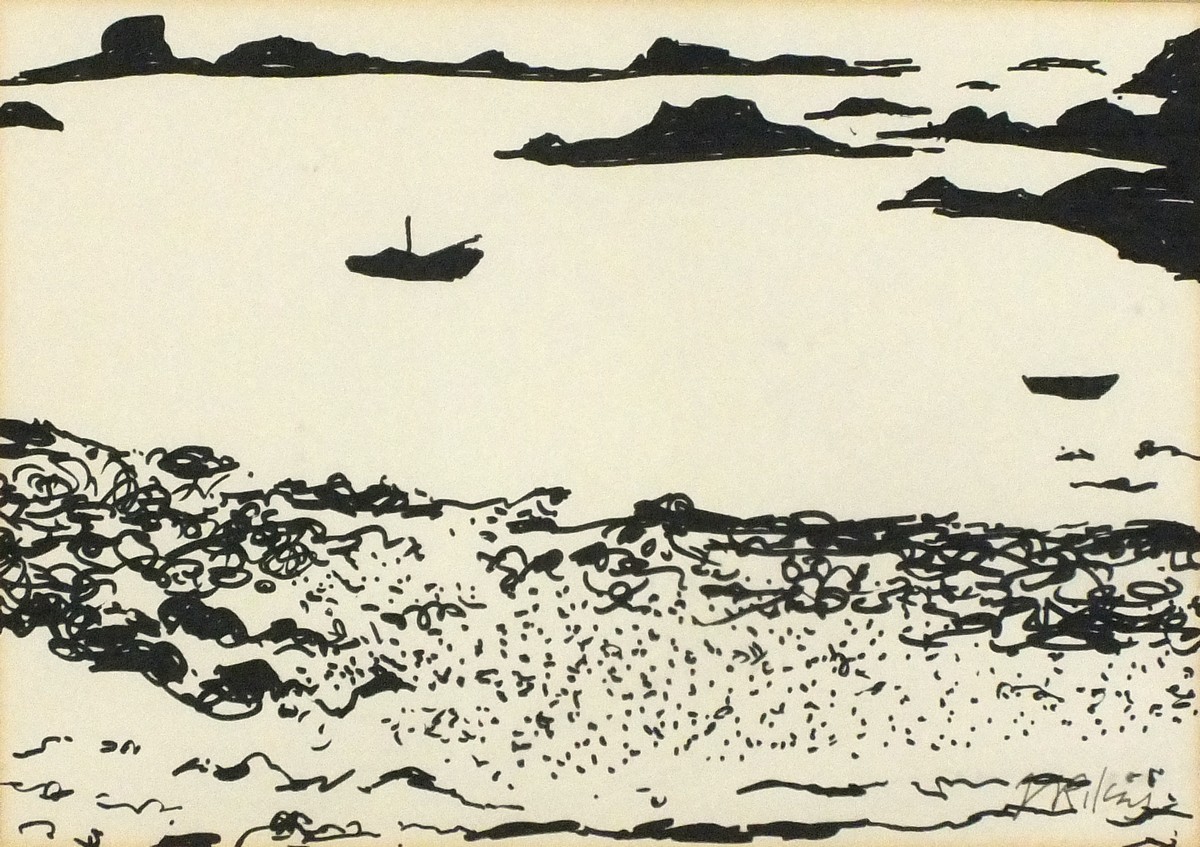 Joan RILEY (1920-2015), Black ink drawing, 'On Bryher' Isles of Scilly, Inscribed to verso,