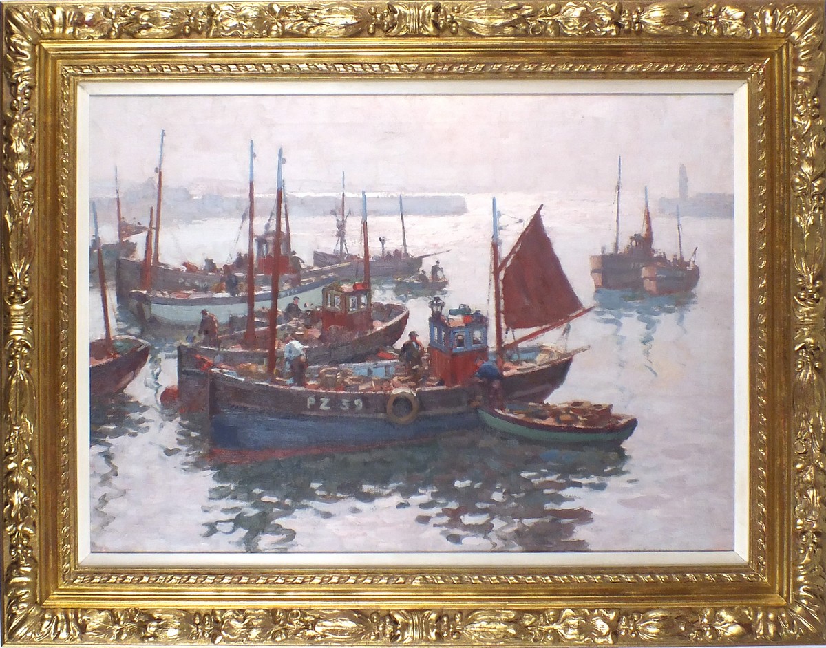 * Gyrth RUSSELL (1897-1970), Oil on canvas, Penzance crabbers preparing to sail, Signed, 20.25" x - Image 2 of 2