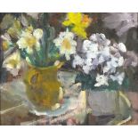 * Prue SAPP (1928-2013), Oil on board, Still life - a jug of daffodils & a white cyclamen, Signed,