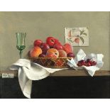 * Deborah JONES (1921-2012), Oil on canvas, Still life - basket of fruits & wine glass etc on a