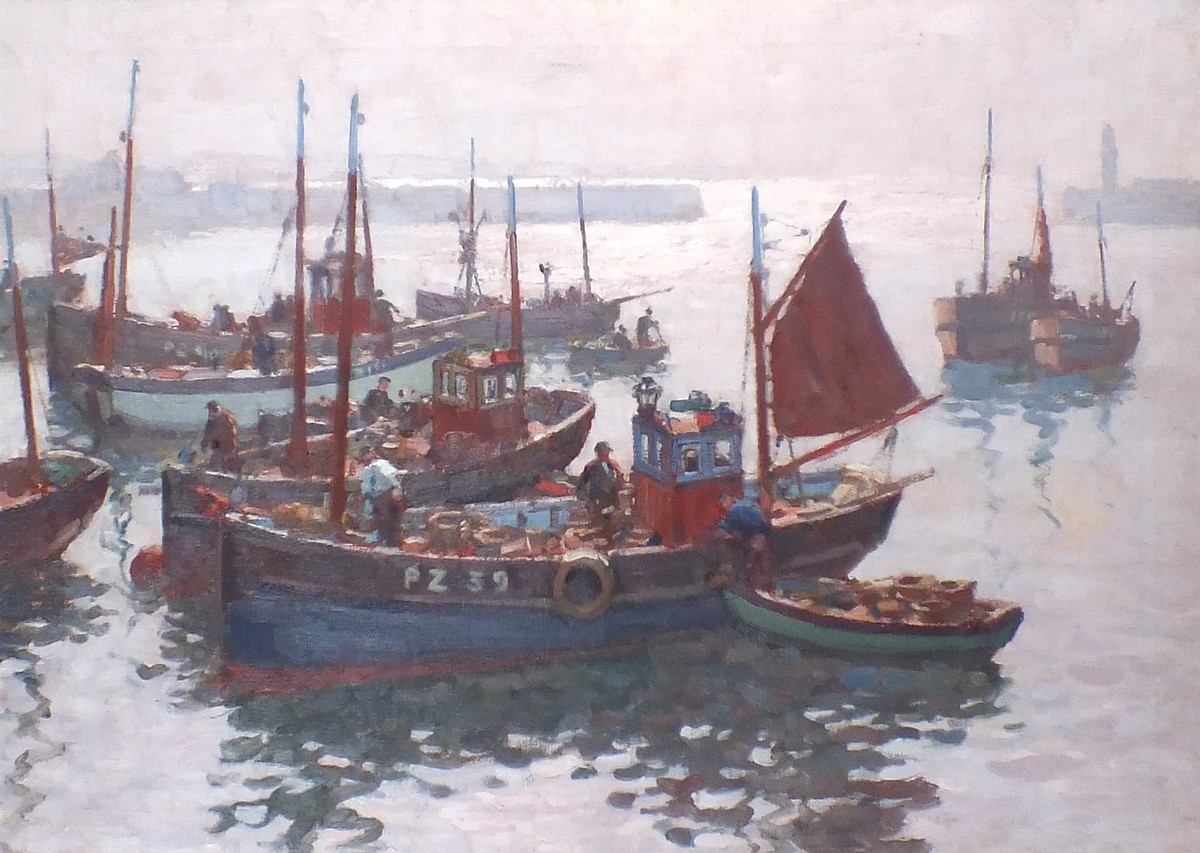 * Gyrth RUSSELL (1897-1970), Oil on canvas, Penzance crabbers preparing to sail, Signed, 20.25" x