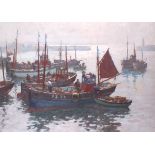 * Gyrth RUSSELL (1897-1970), Oil on canvas, Penzance crabbers preparing to sail, Signed, 20.25" x