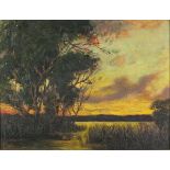 J* HAMPSHIRE (Exhibited 1903-1919), Oil on canvas board, Sunset across the lake, Signed & dated