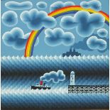 * Peter MARKEY (b.1930), Oil on board, Tug & lighthouse under a rainbow, 6" x 6" (15.2cm x 15.
