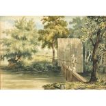 19th Century English School, Watercolour, Fisherman with rod fishing from a wooden foot bridge, 6.