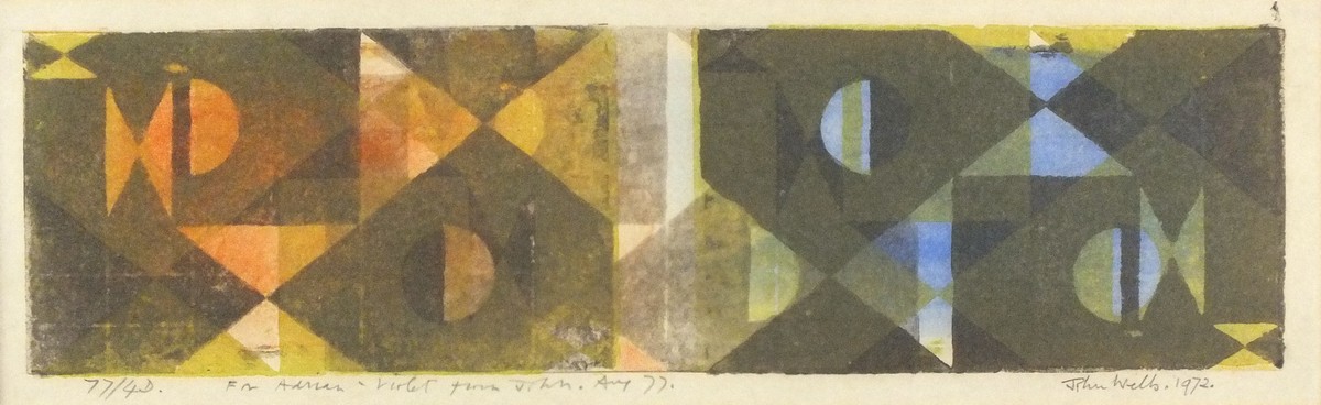 * John WELLS (1907-2000), Linocut in colours, Untitled abstract, Inscribed 77/4D, Signed & dated