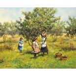 John SEEREY-LESTER (b.1945), Oil on canvas, Apple picking time - children in an orchard, Signed,