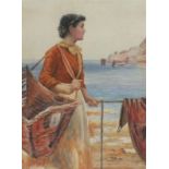 Newlyn School, Watercolour, Woman with a caul beside the harbour railings, 18.25" x 13.25" (46.3cm x