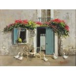 * Deborah JONES (1921-2012), Oil on board, Geese at the doorway of a French cottage, Signed, 11.5" x