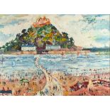 * Simeon STAFFORD (b.1956), Oil on board, 'St Michael's Mount' - summer beach, Signed Simeon & dated